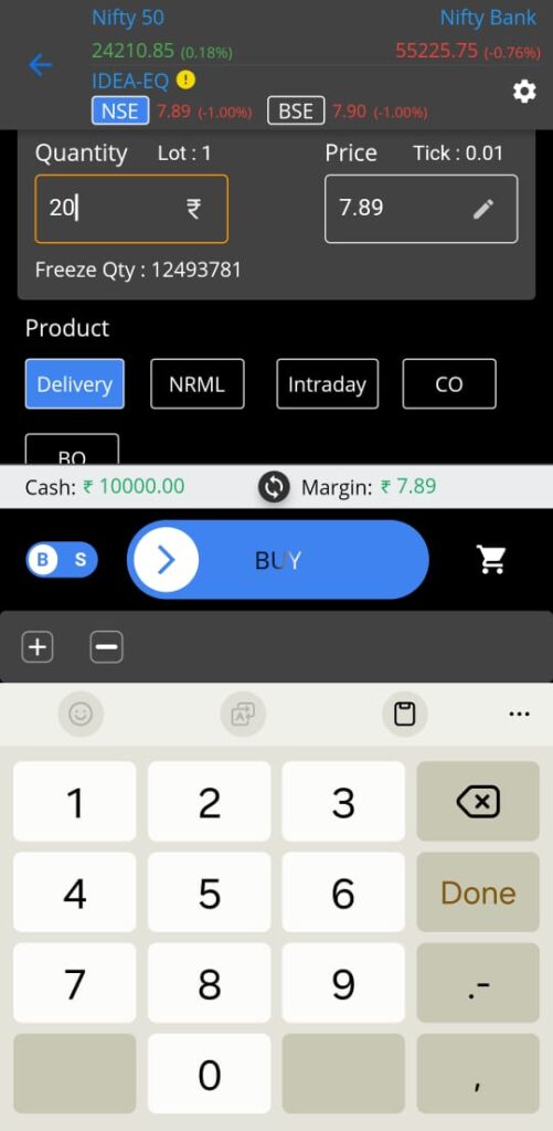 Enter quantity and click on Buy or Sell to place an order